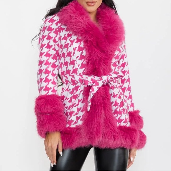 Brown Faux Fur Trim Houndstooth Women's Coat - Picture 5 of 10